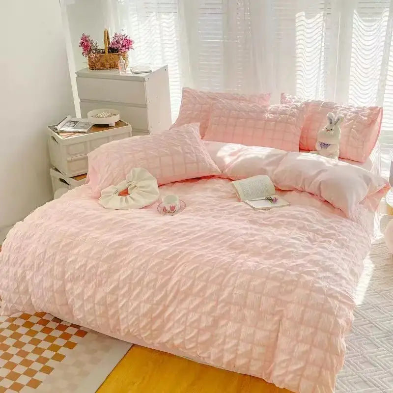Juego de 3 piezas de 1,35 m Juego de cama individual Seersucker de Color sólido, adecuado para dormitorio de mujer, apartamento, individual, doble, Ins, viento dulce