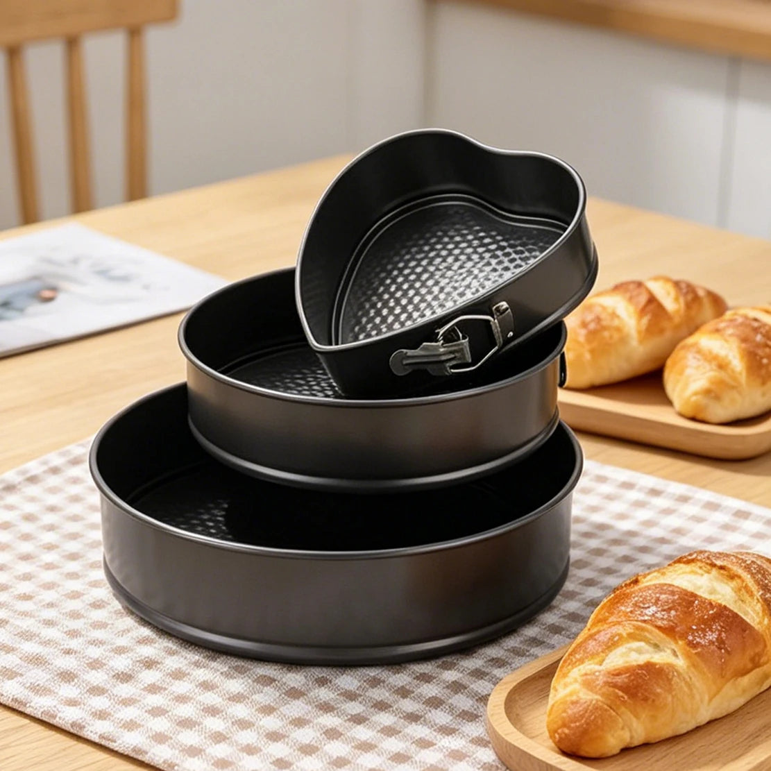 Plato de repostería con resorte, juego de 3 piezas: plato para pastel de forma corazón, redonda o cuadrada, antiapagado y antiadherente, con base desmontable de acero al carbono