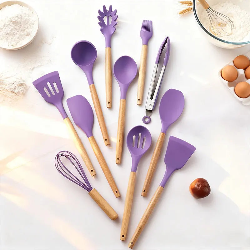 12 piezas Conjunto de utensilios de cocina de silicona,Juego de utensilios de cocina de silicona, juego de gadgets de cocina, 12 piezas raspador de vajilla antiadherente, alicates, pala, cepillo, pala de pasta, adecuad