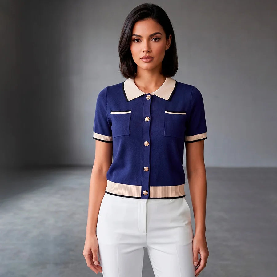 Blusa Tipo Polo De Tejido De Punto Con Botones Y Bolsillos Elegante Casual