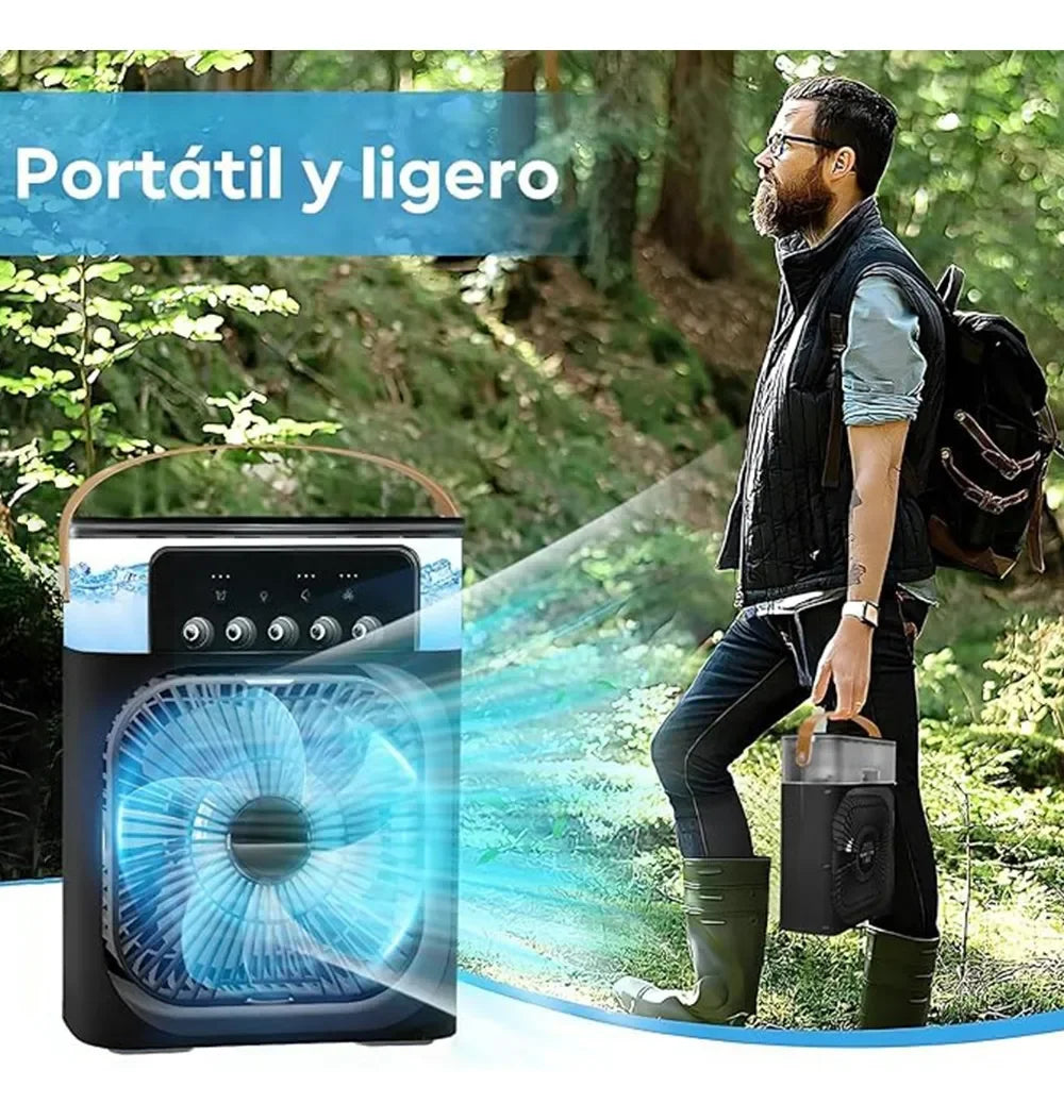 Enfriador de Aire Portátil 3 en 1, Mini Ventilador USB con Humidificador y 5 Boquillas de Pulverización. 3 Velocidades, 3 Modos de Pulverización, Temporizador y Luz Nocturna Multicolor,Flujo de Aire Ajustable.