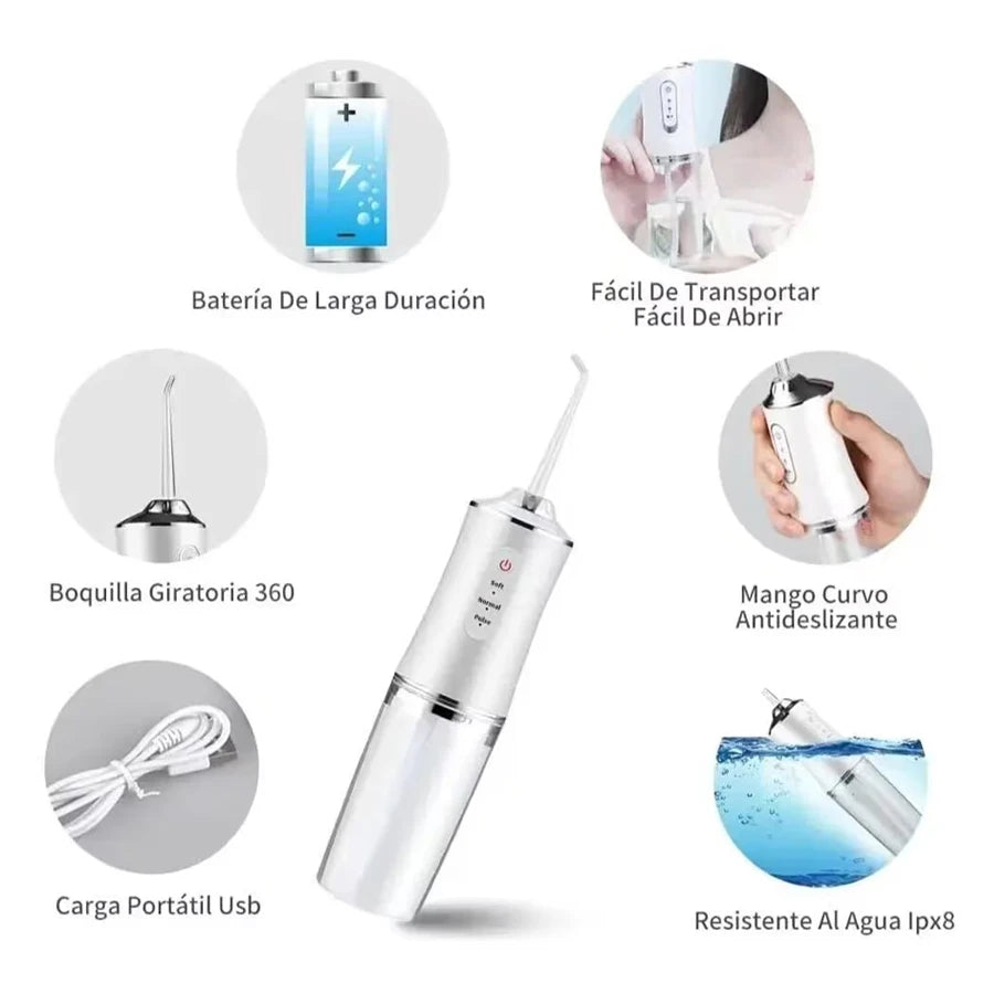 Este enjuague bucal eléctrico recargable tiene 5 boquillas y una puerta usb. El diseño de varias boquillas elimina eficazmente las placas y el mal aliento. Para todos los usuarios, este dispositivo de hilo dental es un