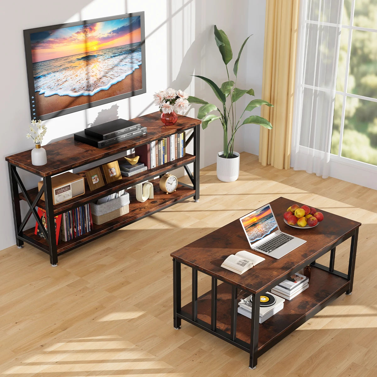 Mesa Consola Industrial de 3 Niveles, Estantería de Almacenamiento para Entrada, Sala y Recámara, 120x40x60 cm, Madera Rústica y Marco de Metal