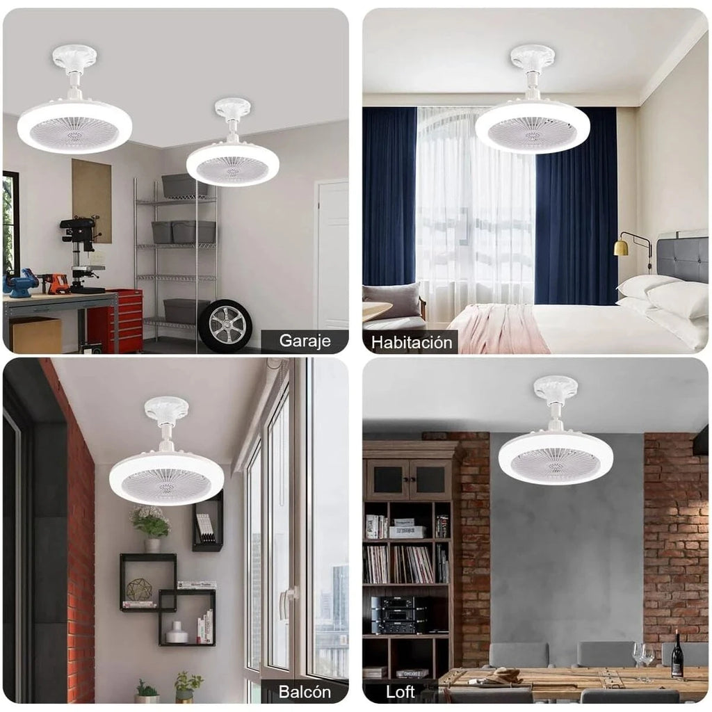 Ventilador de techo circular LED con luz y control remoto, temperatura de color ajustable de 3000 K a 6500 K, tres velocidades, ideal para diversos espacios como dormitorios.