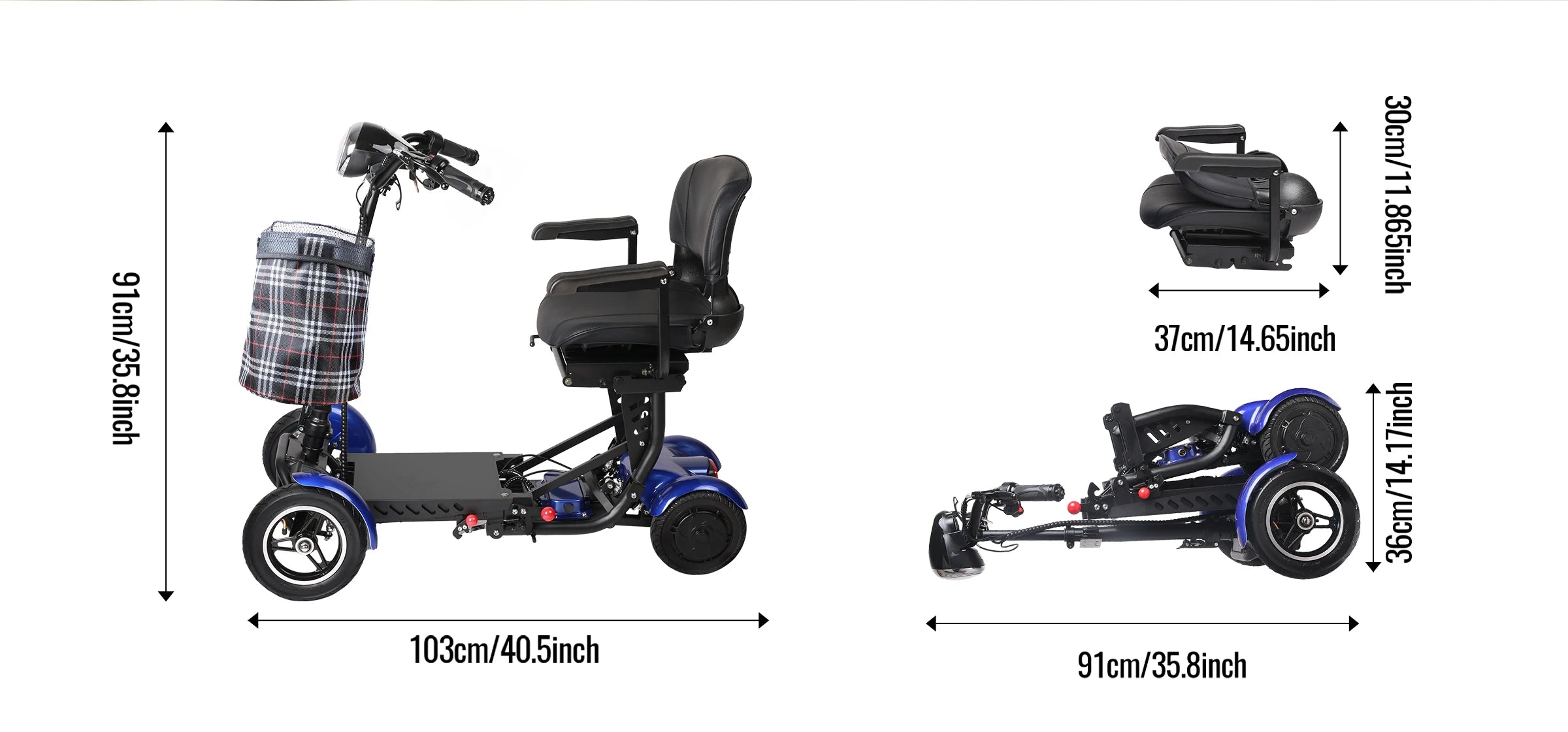 SUNNIGO Scooter Eléctrico Todoterreno de 4 Ruedas, Motor Dual de 500W, Batería de Litio de 36V 18Ah, Ligero, Plegable, Asiento Ajustable, Neumáticos Antideslizantes, Sistema de Frenos Seguro, Cómodo, Largo Alcance de 50km