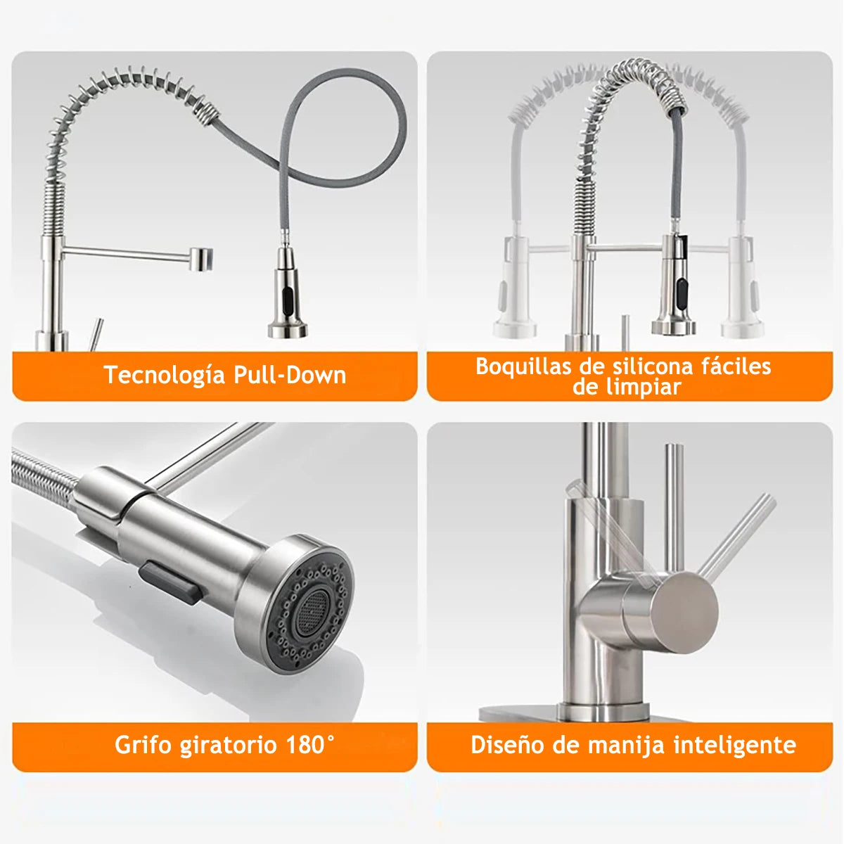 Grifo de Cocina Flexible con Resorte y Porta Toallas - Acero Inoxidable Anti-Óxido, Ajuste 360° para Lavabo de Cocina