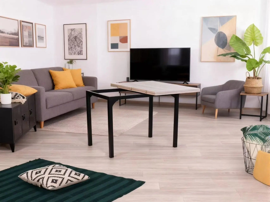 Mesa Comedor Rectangular Extensible para 4-6 Personas, Tapa Madera Negra con Revestimiento Polvo Negro en Patas Metal, Mesa Comedor Grande con Hoja Extensible Separada Mesa de Escritorio con Superficie Plegable