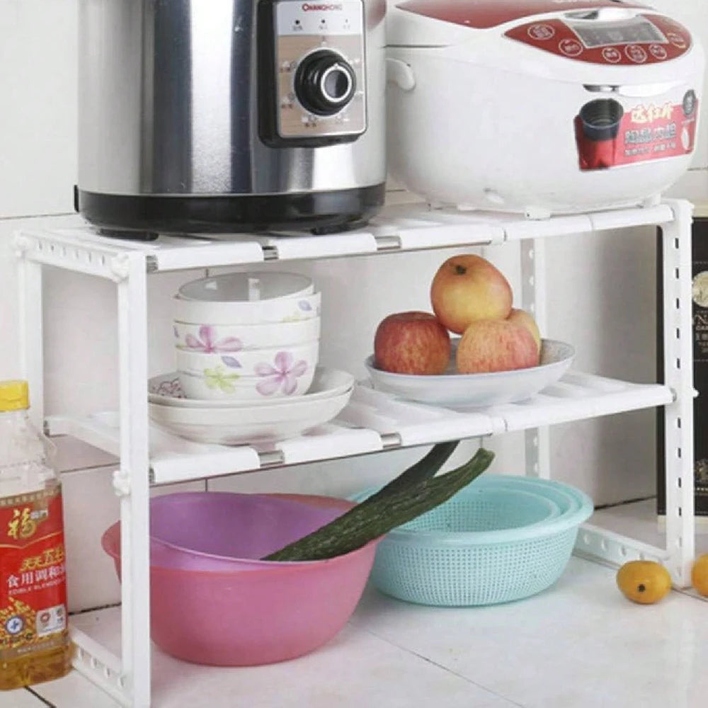 Estante ajustable de 2 niveles para debajo del fregadero, organizador de cocina, pequeños recipientes de almacenamiento