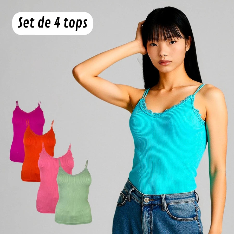 Set de 4 Tops de Dama Premium con Tirantes Delicados y Detalle de Olan