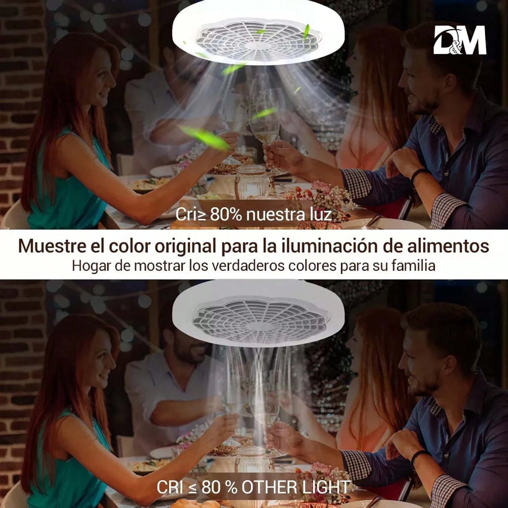 Ventilador de techo circular LED con luz y control remoto, temperatura de color ajustable de 3000 K a 6500 K, tres velocidades, ideal para diversos espacios como dormitorios.