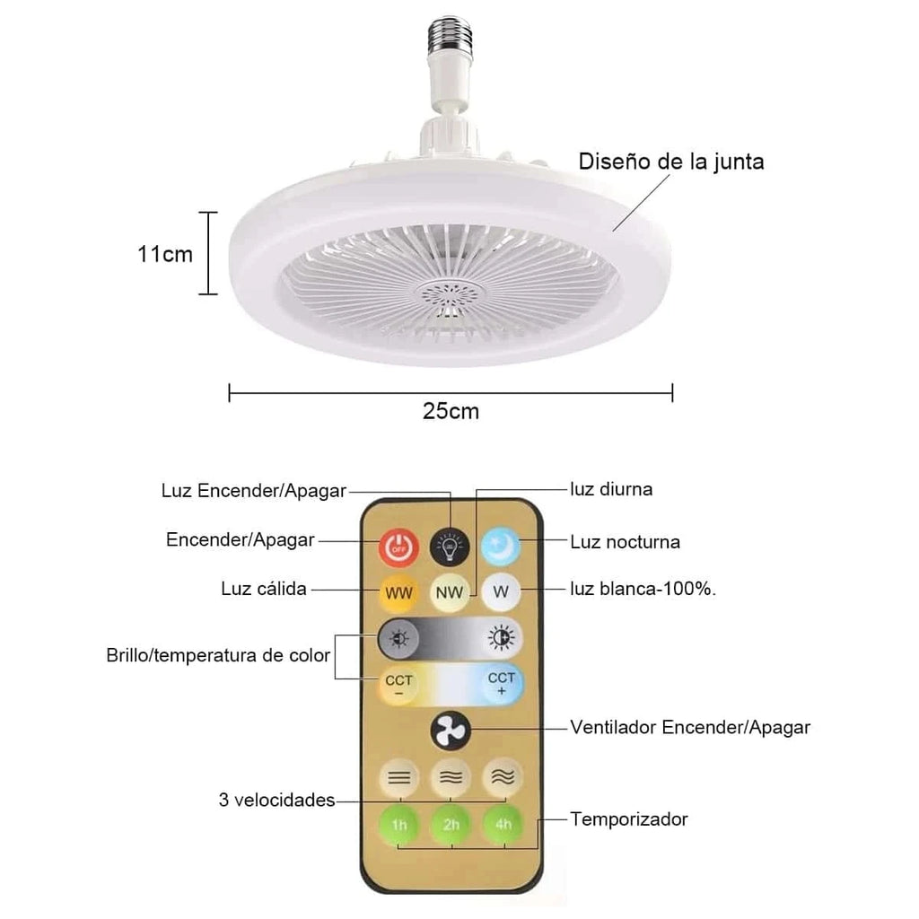 Ventilador de techo circular LED con luz y control remoto, temperatura de color ajustable de 3000 K a 6500 K, tres velocidades, ideal para diversos espacios como dormitorios.