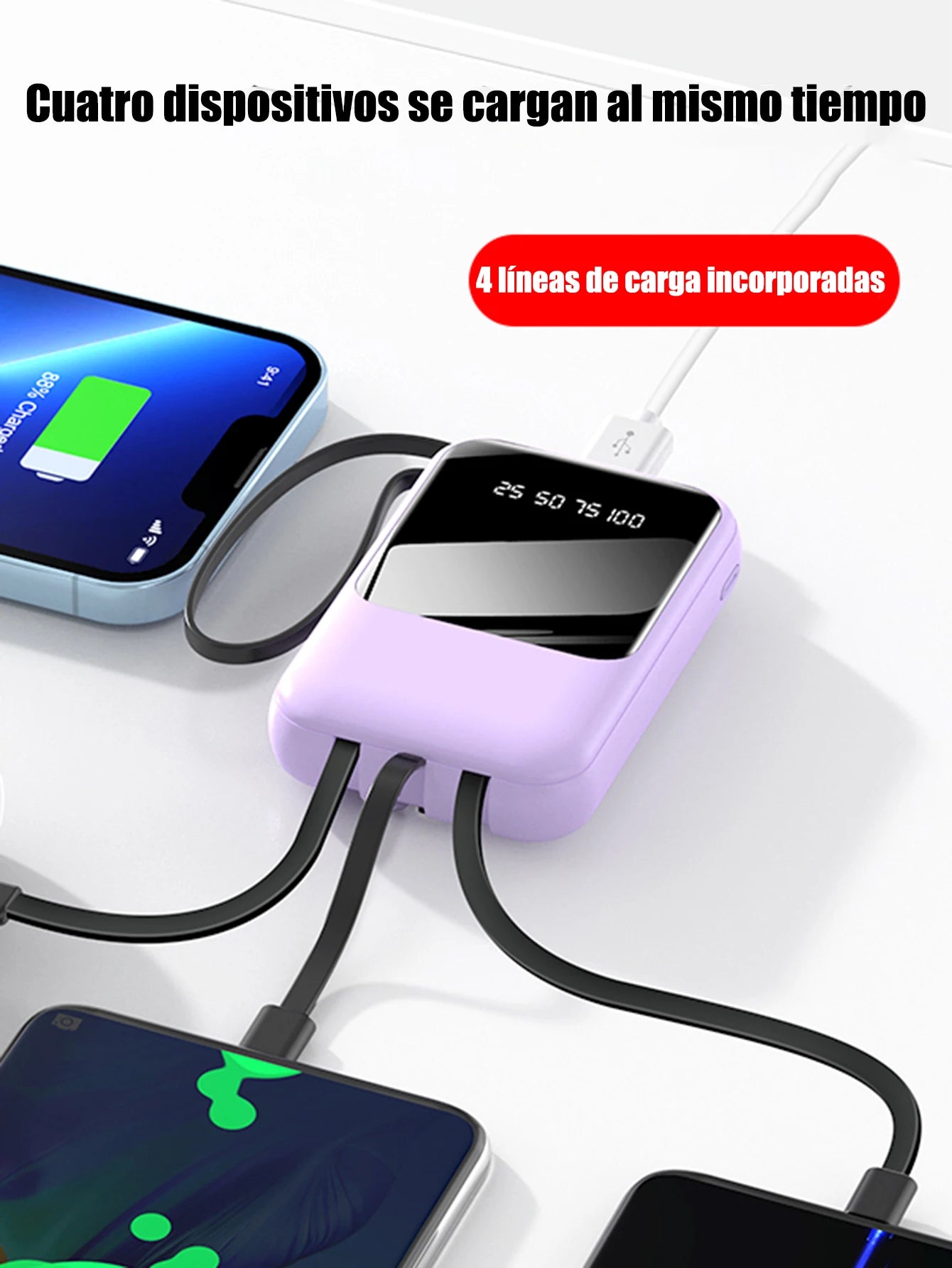 Power Bank Batería Portátil 20000mah carga rápida incorporada con pantalla digital de 4 cables Banco de energía externo