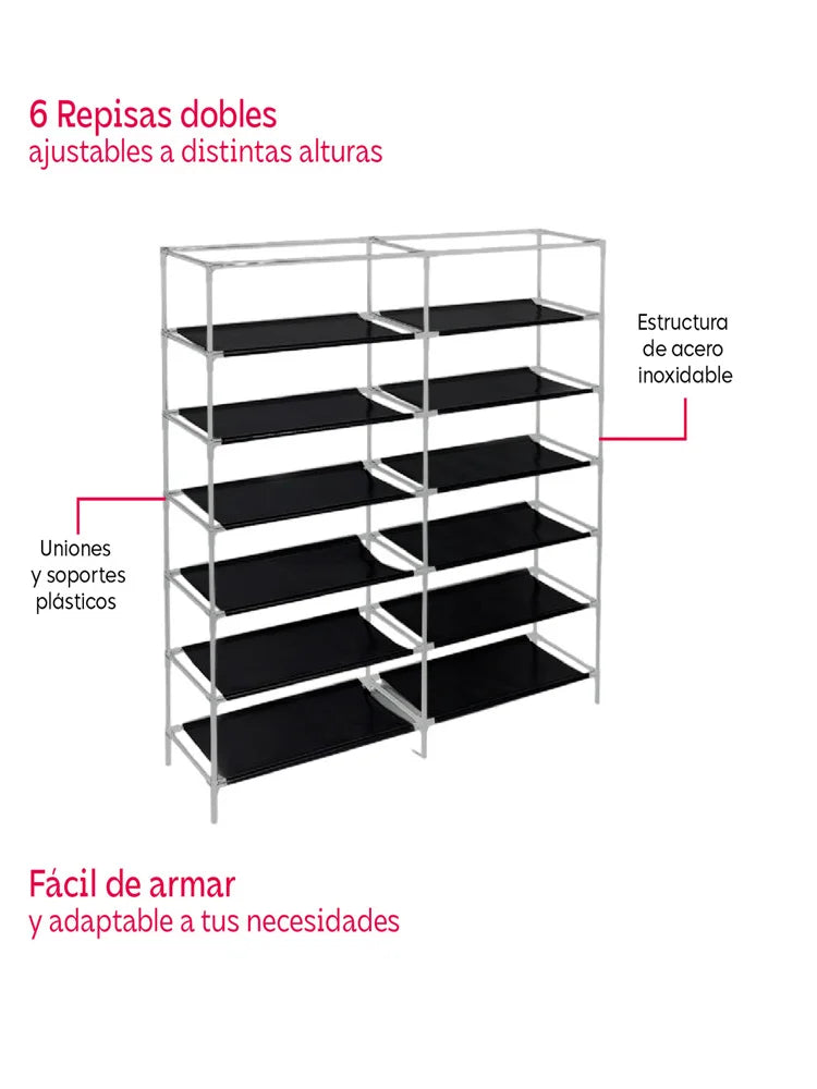 Zapatera Doble Organizador Cubierta de Tela Impermeable, Estante con Estructura de Acero de 6 Niveles, Zapatero Ahorrador de Espacio, Multifuncional de Fácil Armado