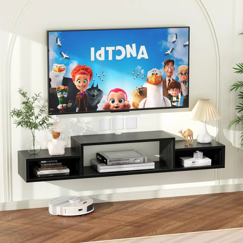Mueble Flotante para TV de Madera 150cm con Gran Capacidad de Carga 70kg, Soporte Suspendido con Compartimentos y Orificio Pasacables, Compatible con Televisores 32" a 70" para Sala