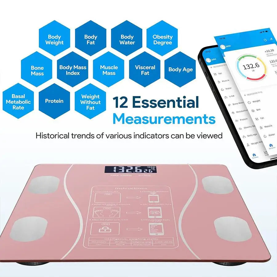 Báscula de Peso Digital LED Inalámbrica Inteligente, Bluetooth Analizador de Grasa y Composición Corporal, Báscula de Salud Personal Hogar