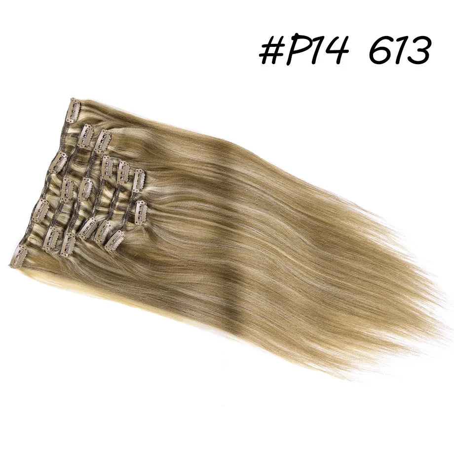 Extensión de cabello humano con Clip, extensiones de cabello humano Remy Natural de doble trama, extensiones de cabello brasileño con Clip