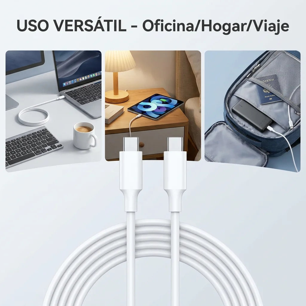 60W Cable USB C 1M Carga Rápida Trenzado – Compatible con iPhone 16/15, Galaxy S24/S23, Pixel, MacBook Air/Pro, iPad Pro, CarPlay, Android Auto (Blanco/Nergo)