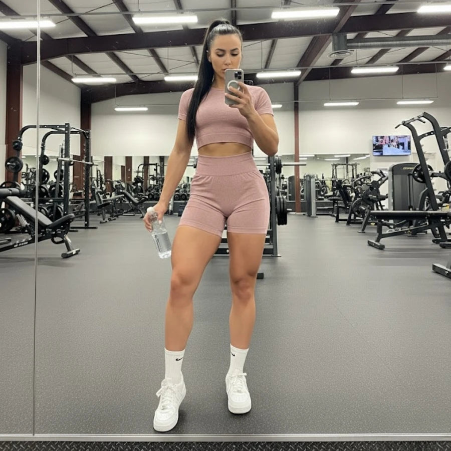 Conjunto Deportivo Seamless (Sin Costuras) de Short y Crop Top - Efecto Push Up Levanta Glúteos
