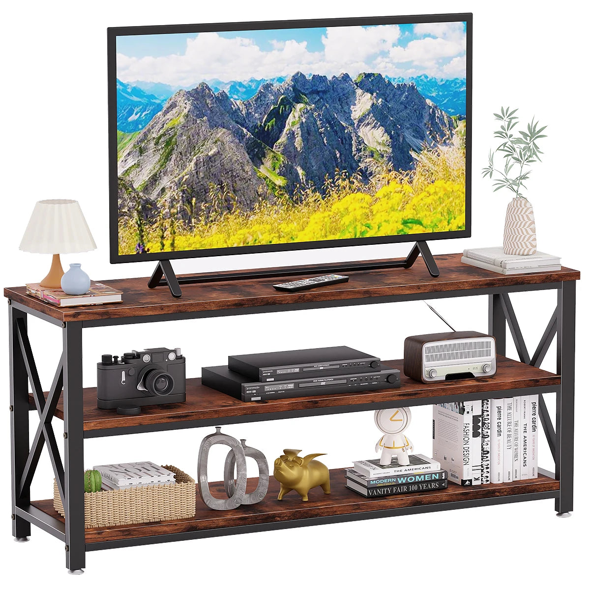 Mesa Consola Industrial de 3 Niveles, Estantería de Almacenamiento para Entrada, Sala y Recámara, 120x40x60 cm, Madera Rústica y Marco de Metal