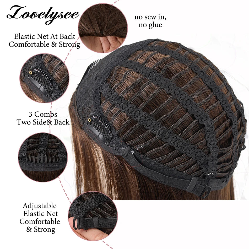 Lovelysee 3/4 media peluca de cabello humano con Clip en extensiones de cabello cabello Remy liso sedoso Color marrón suave 150% 180% peluca para mujeres