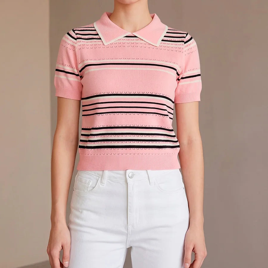 Blusa de Punto con Cuello Polo y Diseño de Rayas Horizontales – Estilo Clásico Casual