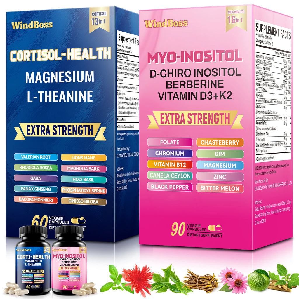 【Complete Balance】 Windboss Cortisol and Inositol Combo, All-Day Energy Support, 90+60 Capsules