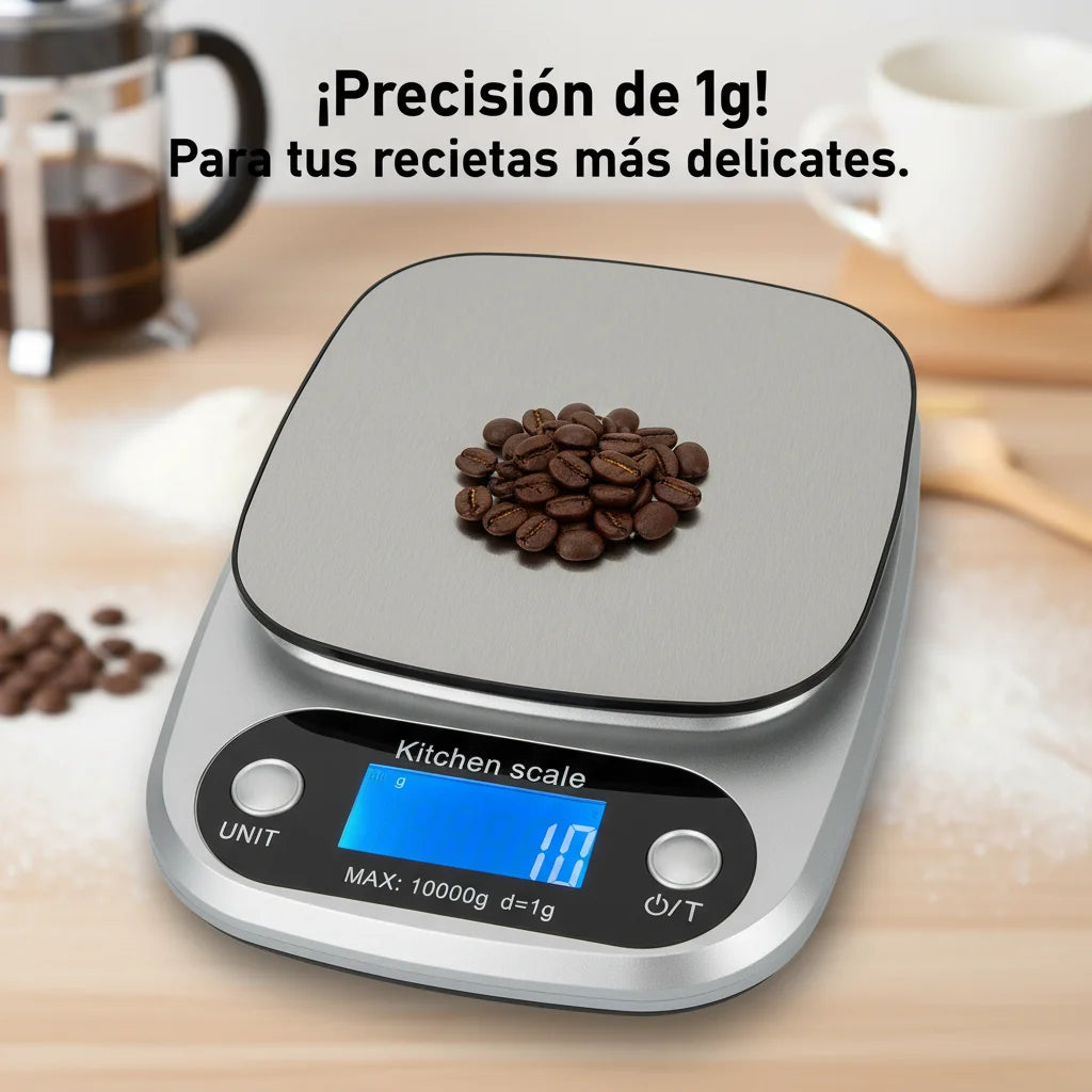 Bascula Digital Gramera de Cocina 10kg/1g Pesa de Acero Inoxidable Balanza Electronica para Alimentos Reposteria y Cafe Herramientas de Medicion con Pantalla LCD Alta Precision 10kg 1g Incluye Baterias AAA Plata