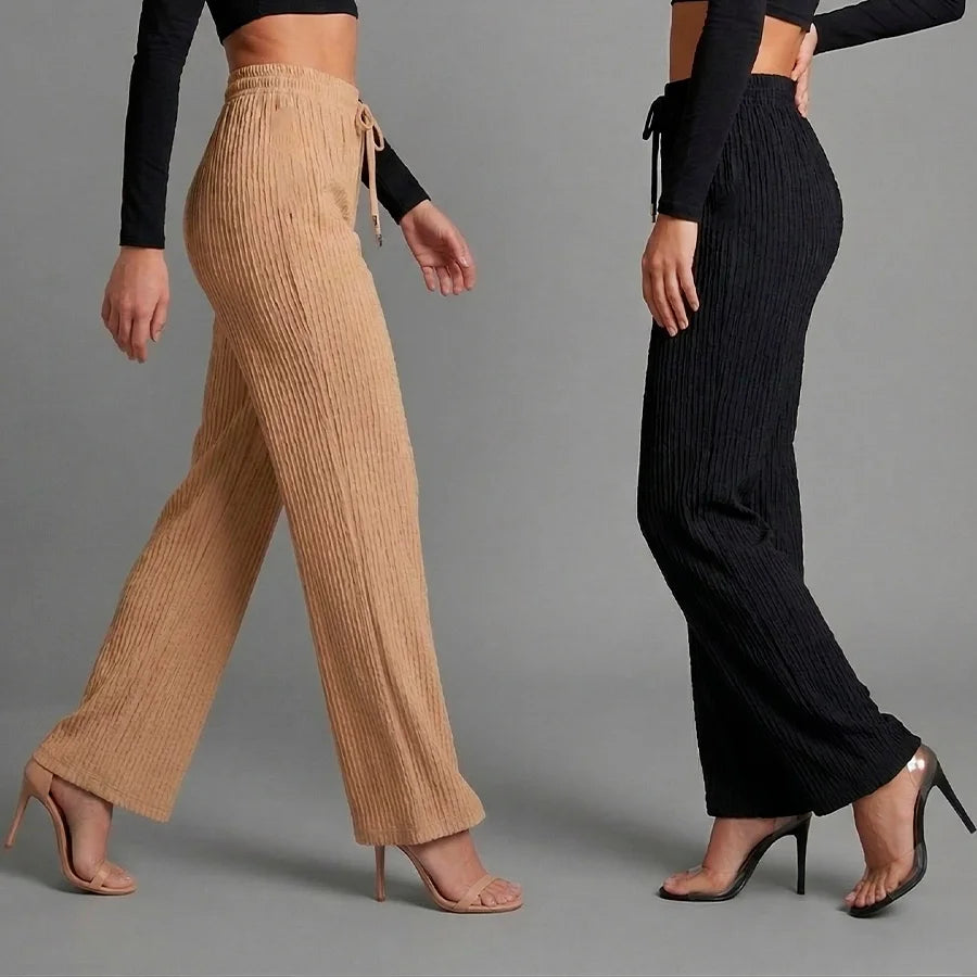 Kit de 2 Pantalones de Lino/Rayón Tipo Palazzo - Cintura Alta con Cordón - Set Elegante