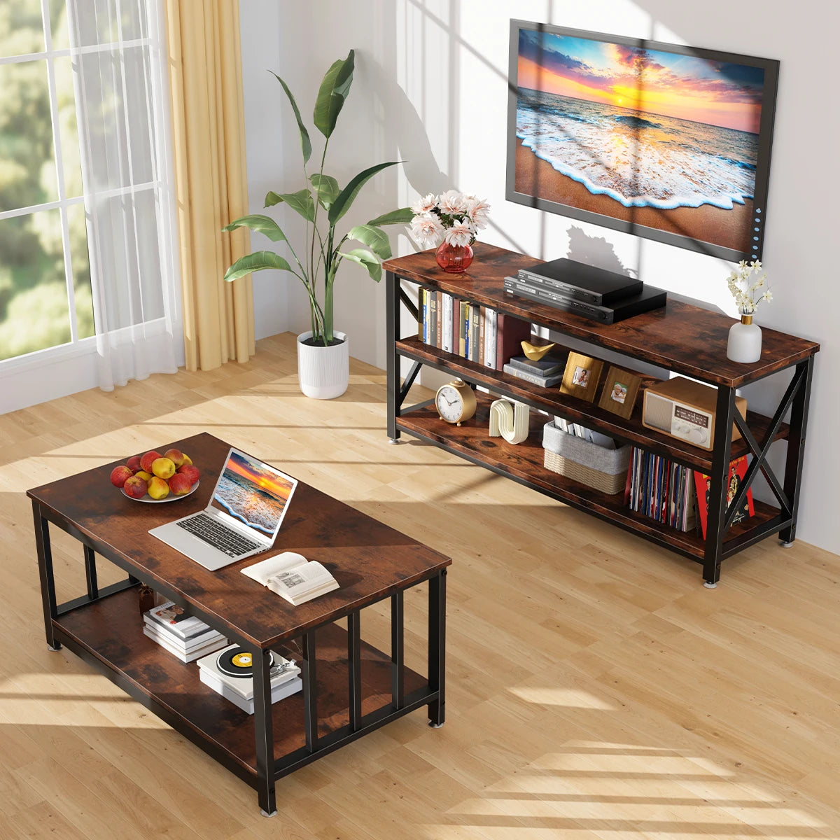 Mesa Consola Industrial de 3 Niveles, Estantería de Almacenamiento para Entrada, Sala y Recámara, 120x40x60 cm, Madera Rústica y Marco de Metal