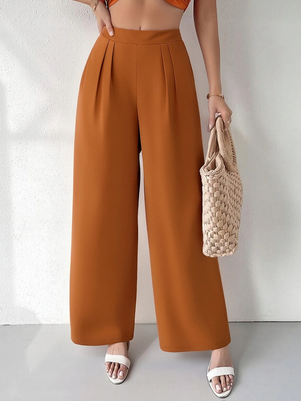 Pantalones de mujer minimalistas de cintura alta y pierna ancha para oficina,con bolsillos laterales plisados,adecuada para uso diario