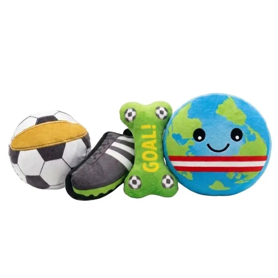Set de 4 juguetes para mascota ,Juguete de peluche para mascota, Pack de estilo del mundial, suministros para mascota,para perros y gatos, pequeños o grandes