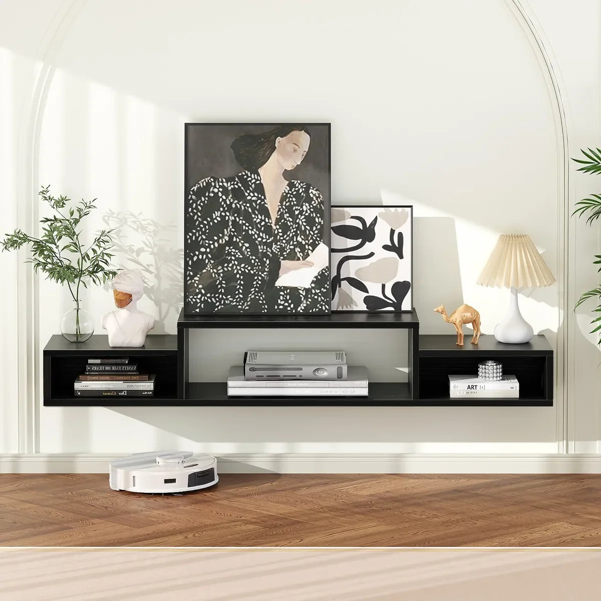 Mueble Flotante para TV de Madera 150cm con Gran Capacidad de Carga 70kg, Soporte Suspendido con Compartimentos y Orificio Pasacables, Compatible con Televisores 32" a 70" para Sala