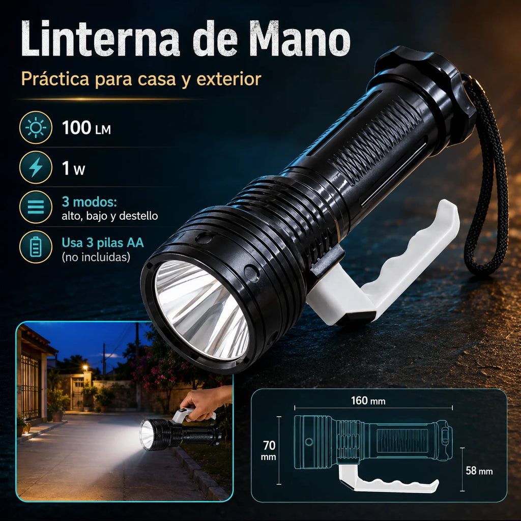 Linterna LED de Mano Portátil 100 Lúmenes, 1W, 3 Modos de Iluminación, Usa 3 Pilas AA, Agarre Cómodo, Ideal para Apagones, Caminatas, Camping, Patio, Coche y Uso Diario（No Incluida Batería）