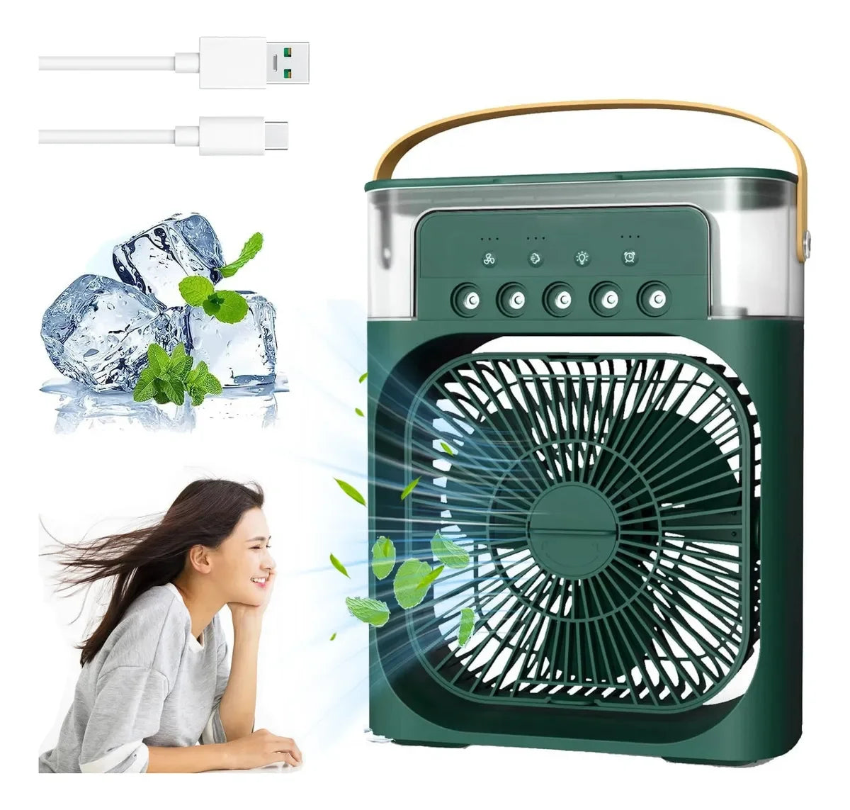 Enfriador de Aire Portátil 3 en 1, Mini Ventilador USB con Humidificador y 5 Boquillas de Pulverización. 3 Velocidades, 3 Modos de Pulverización, Temporizador y Luz Nocturna Multicolor,Flujo de Aire Ajustable.