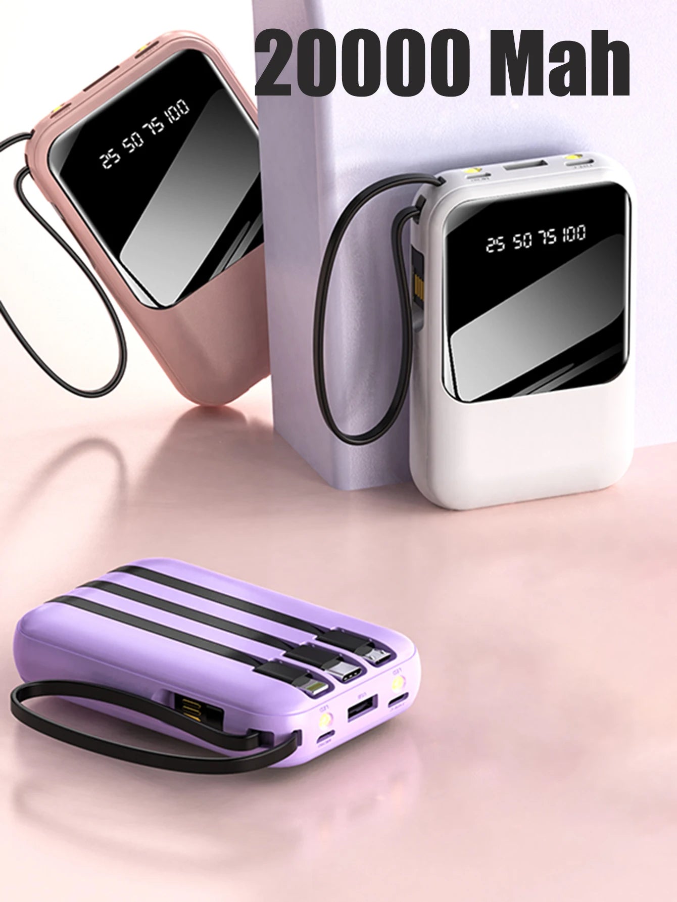 Power Bank Batería Portátil 20000mah carga rápida incorporada con pantalla digital de 4 cables Banco de energía externo