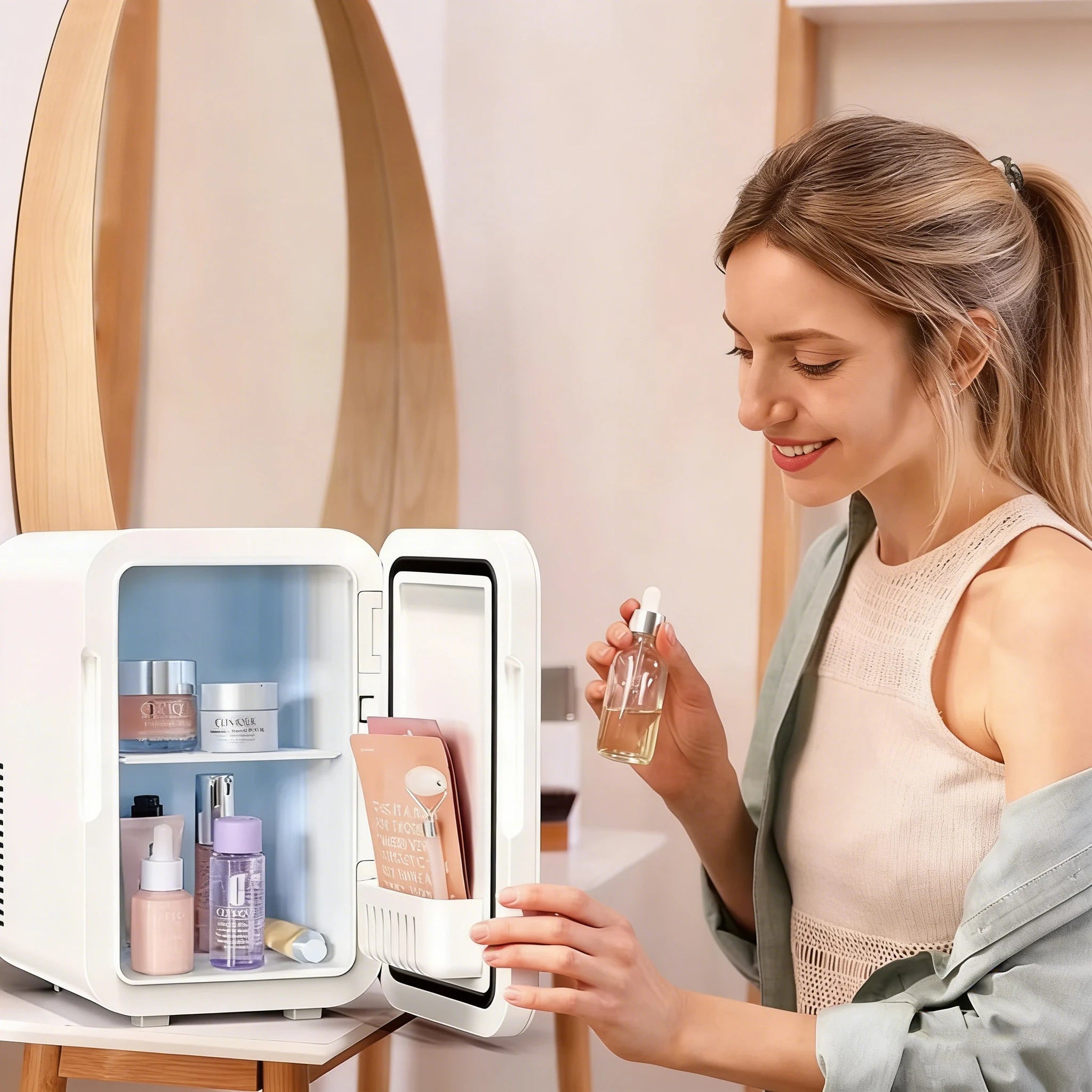 Mini Refrigerador Portátil para Cuidado de la Piel con Espejo y Luz LED Regulable, Nevera Compacta para Cosméticos, Bebidas y Leche Materna, Ideal para Hogar, Oficina, Viajes y Camping.