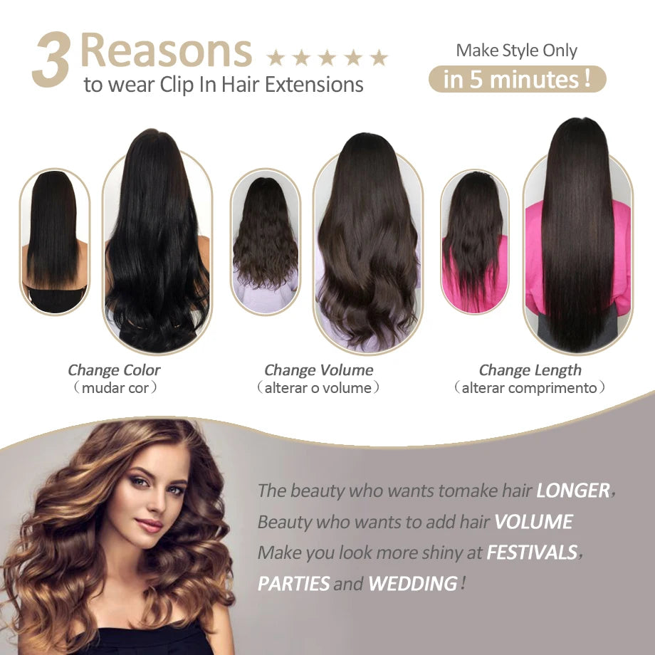 Extensión de cabello humano con Clip, extensiones de cabello humano Remy Natural de doble trama, extensiones de cabello brasileño con Clip