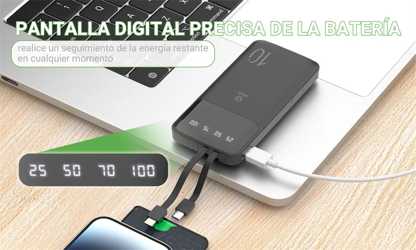 Batería Externa Portátil de 20000mAh/10000mAh con 4 Cables Integrados, Pantalla Digital, 74Wh, para iPhone 16 17 Huawei Xiaomi
