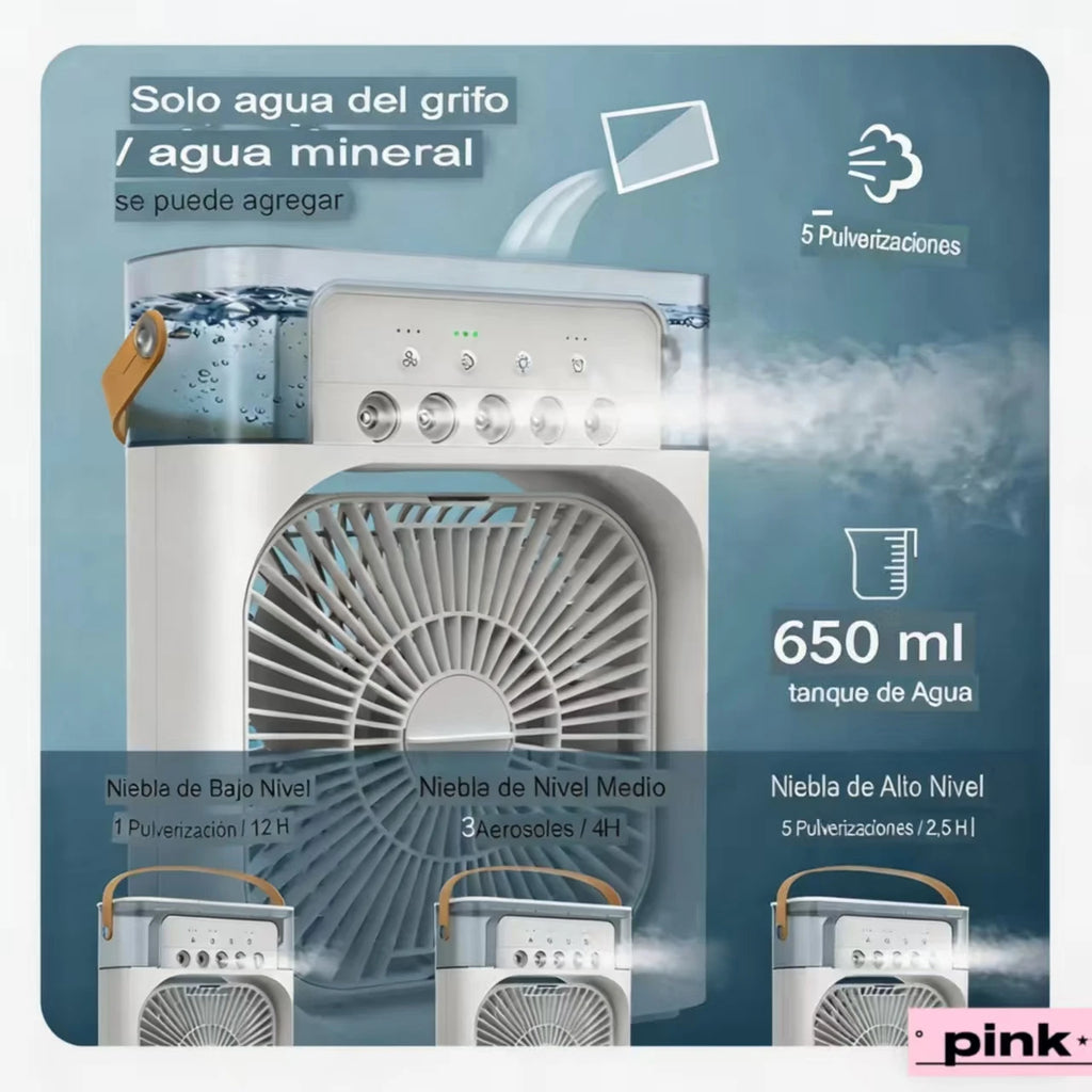 Botella de Spray Portátil para Aire Acondicionado de 600 ml, Ventilador Portátil para RV, Pequeño Aire Acondicionado 3 en 1 con 3 Niveles de Humidificación y 3 Velocidades, Luz Nocturna, Tanque de Enfriamiento de Agua