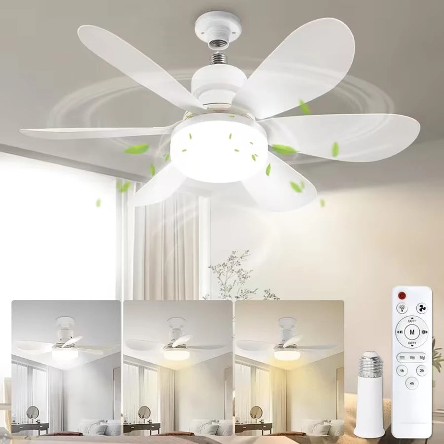 Ventilador de techo inteligente E27 con control remoto y luz LED - Enchufe multifuncional, ventilación ajustable, diseño simple, fácil instalación, ideal para toda la familia, perfecto para baños