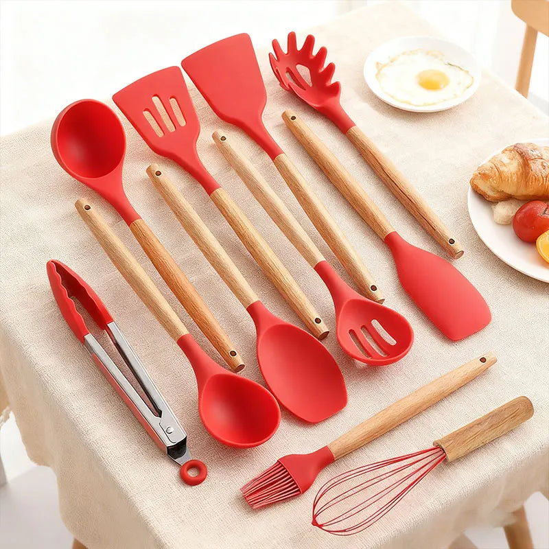 12 piezas Conjunto de utensilios de cocina de silicona,Juego de utensilios de cocina de silicona, juego de gadgets de cocina, 12 piezas raspador de vajilla antiadherente, alicates, pala, cepillo, pala de pasta, adecuad