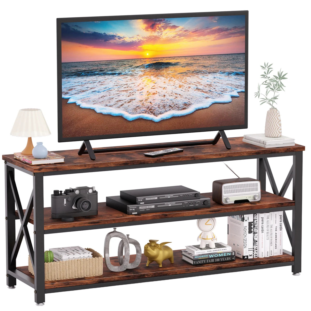 Mesa Consola Industrial de 3 Niveles, Estantería de Almacenamiento para Entrada, Sala y Recámara, 120x40x60 cm, Madera Rústica y Marco de Metal