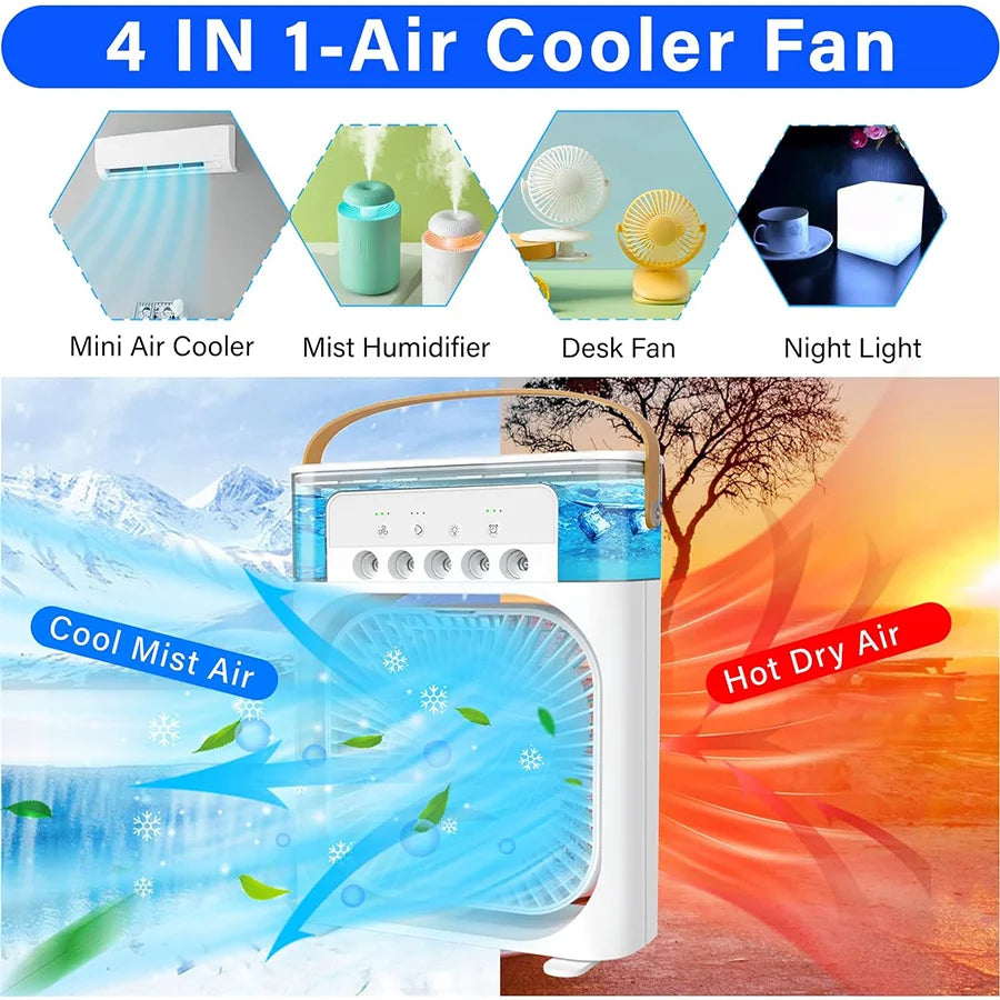 Botella de Spray Portátil para Aire Acondicionado de 600 ml, Ventilador Portátil para RV, Pequeño Aire Acondicionado 3 en 1 con 3 Niveles de Humidificación y 3 Velocidades, Luz Nocturna, Tanque de Enfriamiento de Agua