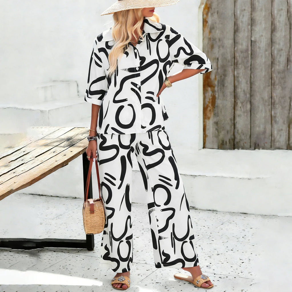 Elegante Conjunto De Dos Piezas Con Estampado De Graffiti Para Mujer,Blusa Abierta Delantera Con Mangas Cortas y Pantalones De Pierna Ancha
