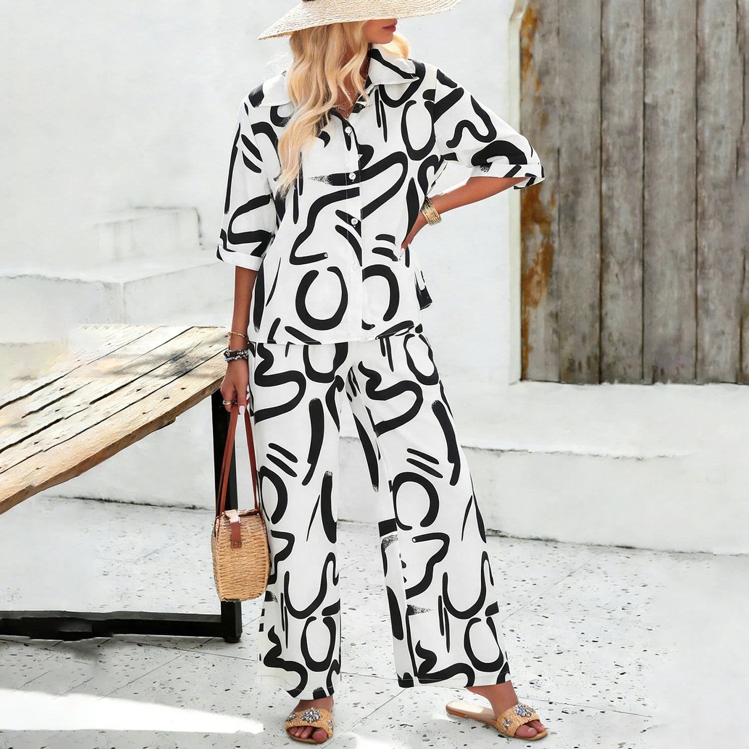 Elegante Conjunto De Dos Piezas Con Estampado De Graffiti Para Mujer,Blusa Abierta Delantera Con Mangas Cortas y Pantalones De Pierna Ancha