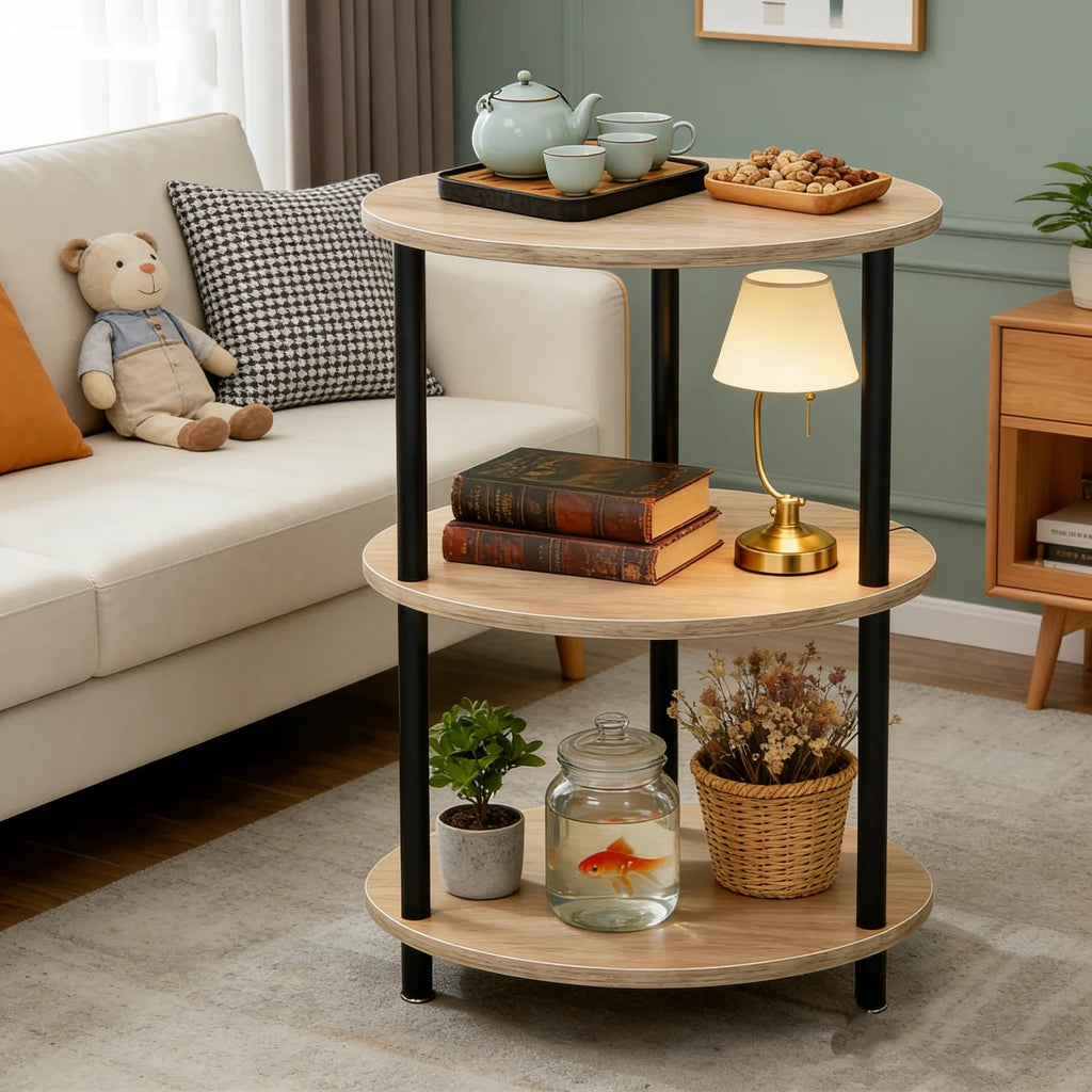 Mesita Auxiliar Redonda Mini, Mesita de Madera de 3 niveles , Ideal como Mesa de Centro, Mesita Lateral de Sofá y Mesita de Noche, 33.5X33.5cm