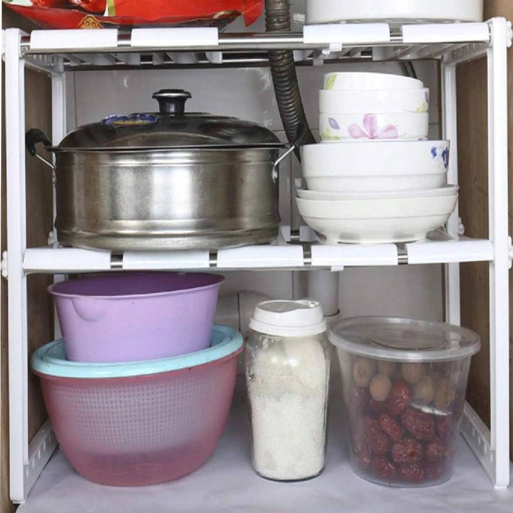 Estante ajustable de 2 niveles para debajo del fregadero, organizador de cocina, pequeños recipientes de almacenamiento