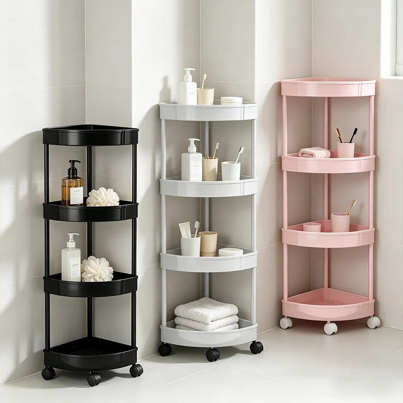 Carrito Esquinero Organizador 4 Niveles, Estante de Almacenamiento con Ruedas 360°, Estante Multiusos para Baño Cocina Hogar, Gran Capacidad Ahorrador de Espaque Resistente