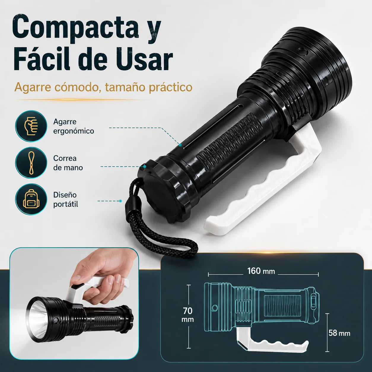 Linterna LED de Mano Portátil 100 Lúmenes, 1W, 3 Modos de Iluminación, Usa 3 Pilas AA, Agarre Cómodo, Ideal para Apagones, Caminatas, Camping, Patio, Coche y Uso Diario（No Incluida Batería）
