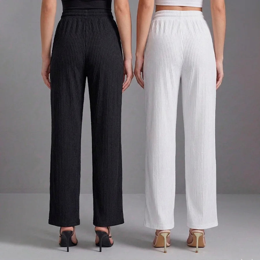 Kit de 2 Pantalones de Lino/Rayón Tipo Palazzo - Cintura Alta con Cordón - Set Elegante